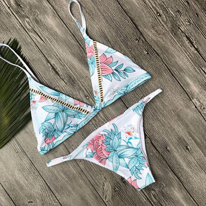 Floral Pink and Blue Brazilian Bikini Pushup Set