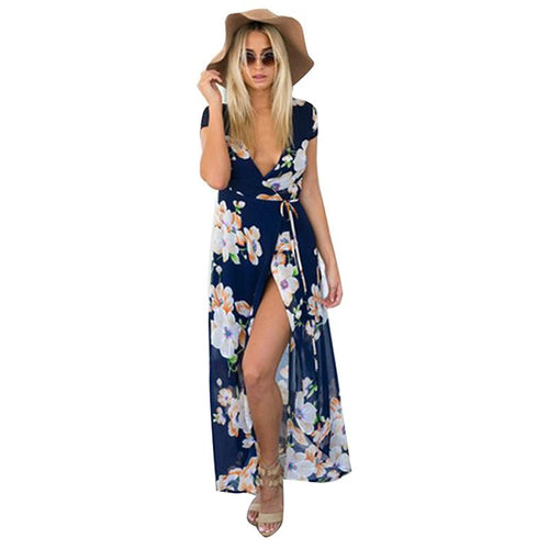 Walk On The Beach Deep V Neck Floral Slim Long Dress